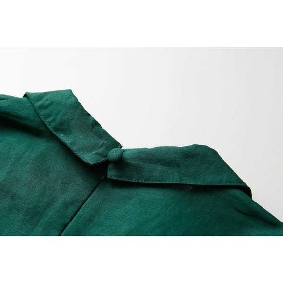 Linen Casual Wide Leg Relaxed Collar V Neck Short Sleeve Jumpsuit Zip M Green - Picture 9 of 12